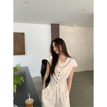 豆仁家 小飞袖上衣设计感小众无袖衬衫女套装新款夏季高腰休闲裤