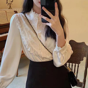 女设计感内搭蕾丝打底衫 衬衫 高级感别致上衣 复古泡泡袖 宫廷风法式