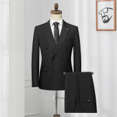 职场面试职业装 黑色戗驳领 伴郎礼服 双排扣西服套装 男士