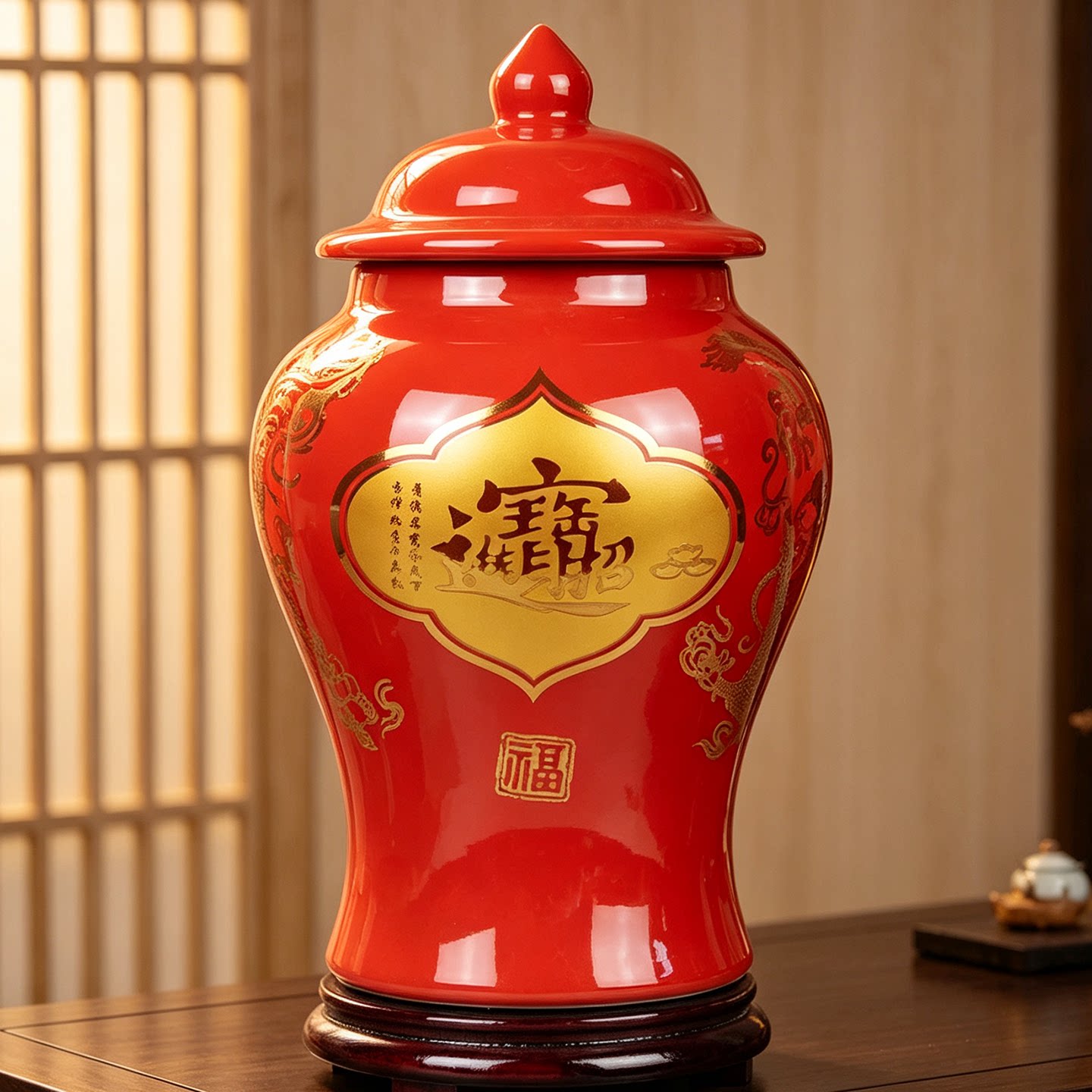 中国红招财进宝带盖陶瓷将军罐图片