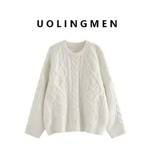 เสื้อสเวตเตอร์แบบบิดสำหรับผู้หญิง ฤดูใบไม้ร่วงและฤดูหนาว นุ่มสบาย ใส่ได้หลากหลาย สีขาวนวล คอกลม เสื้อสวมหัวทรงหลวม สไตล์ชิลๆ เสื้อผ้าถักสวมใส่ภายนอก