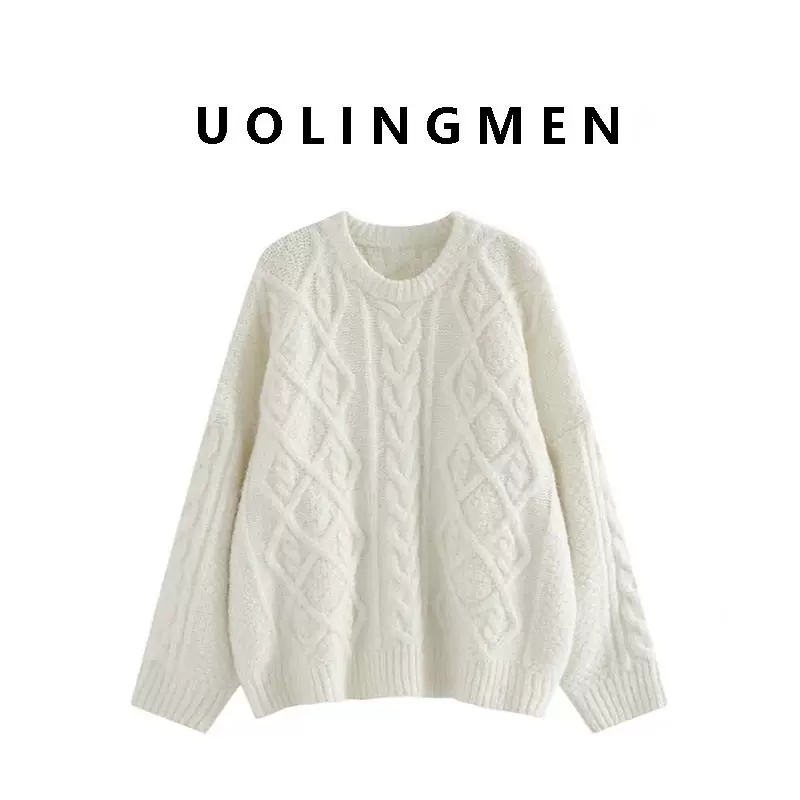 เสื้อสเวตเตอร์แบบบิดสำหรับผู้หญิง ฤดูใบไม้ร่วงและฤดูหนาว นุ่มสบาย ใส่ได้หลากหลาย สีขาวนวล คอกลม เสื้อสวมหัวทรงหลวม สไตล์ชิลๆ เสื้อผ้าถักสวมใส่ภายนอก