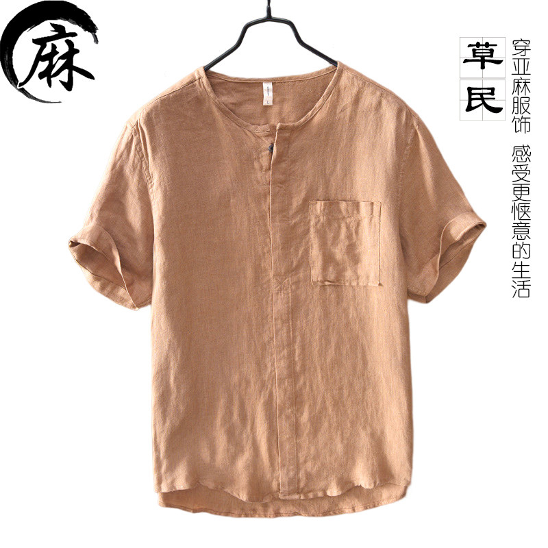 100%纯麻短袖男t恤薄款衬衫男潮流宽松上衣亚麻百搭衬衣麻料寸衫