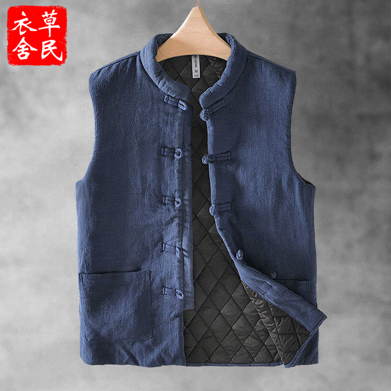 冬季亚麻马甲男加棉加厚盘扣复古坎肩中式唐装棉麻背心汉服马褂潮