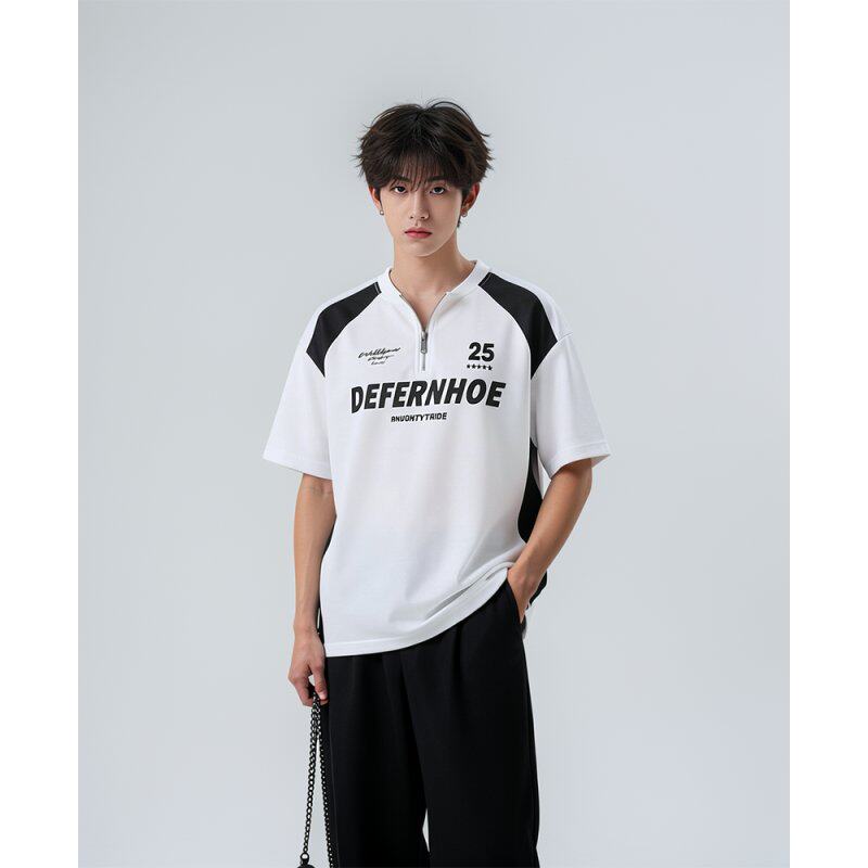 黑白拼色半拉链短袖T恤男夏季网眼透气字母印花潮牌宽松运动上衣