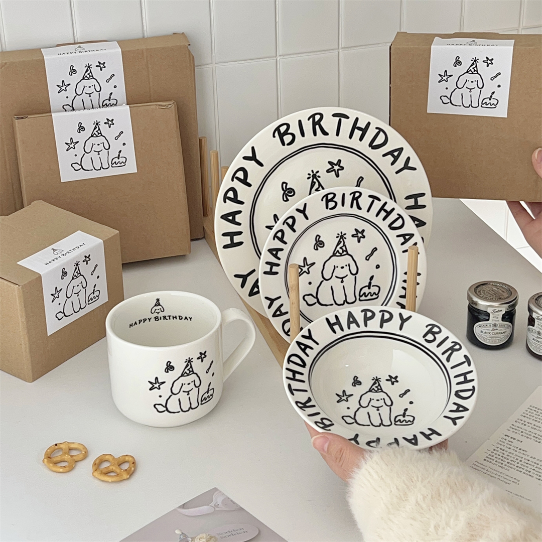 韩国ins黑白字母小狗陶瓷马克杯酸奶饭碗盘子生日快乐礼物餐具