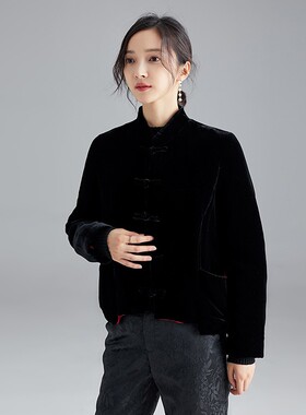 YXF0265真丝丝绒复古黑色保暖棉服新中式改良对襟立领短款棉上衣