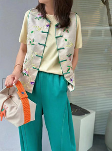 YX2071夏季 复古中国风撞色真丝刺绣马甲圆领玉扣女背心短外套 时尚