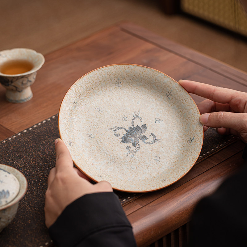禅意焦糖釉手绘缠枝花壶承茶托盘家用粗陶盖碗茶壶底座图片