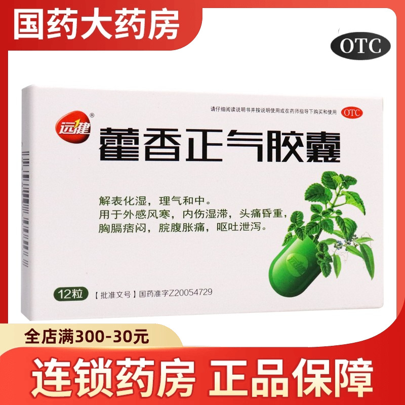 远健 藿香正气胶囊12粒 解表化湿理气头痛昏重脘腹胀痛呕吐泄泻