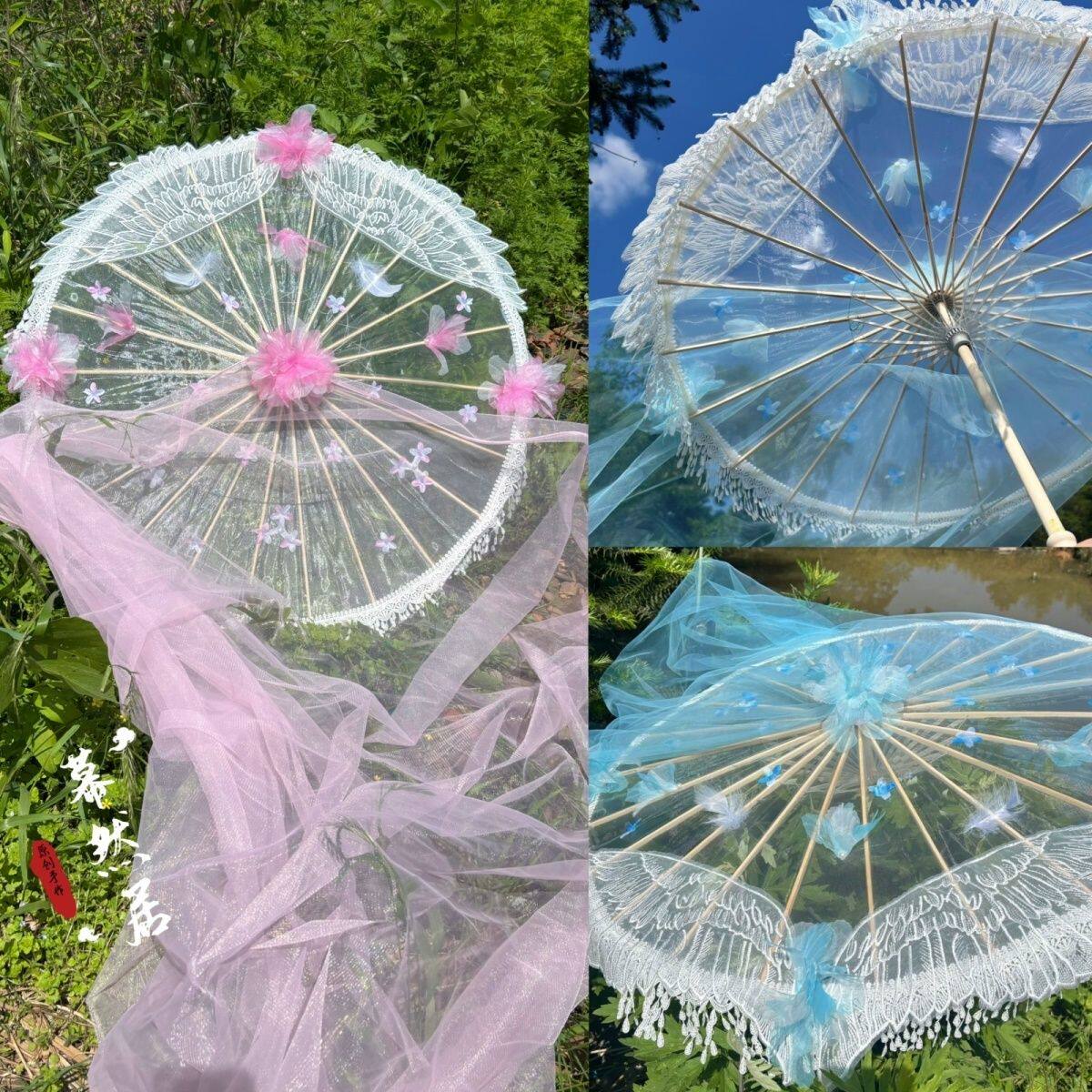 原创天使翅膀花伞唯美超仙带拖纱走秀汉服古风拍照Lolita配饰道具