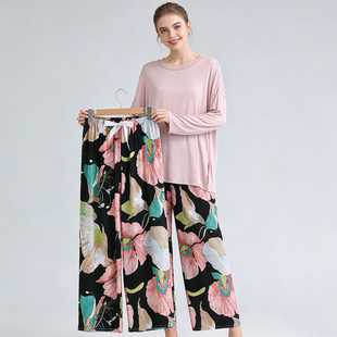 棉绸套装 莫代尔长袖 人造棉长裤 人棉家居服两件套薄款 睡衣女夏季