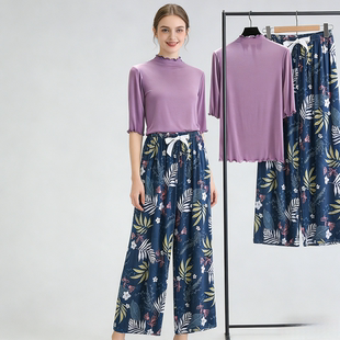 家居服棉绸套装 人造棉长裤 莫代尔睡衣两件套飞边女半高领中袖 夏季