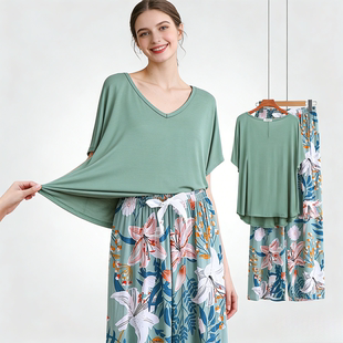 人造棉长裤 短袖 两件套 夏季 莫代尔睡衣女可外穿棉绸家居服套装