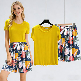 居家服棉绸套装 莫代尔棉睡衣圆领飞边女士夏季 人造棉短裤 短袖 薄款