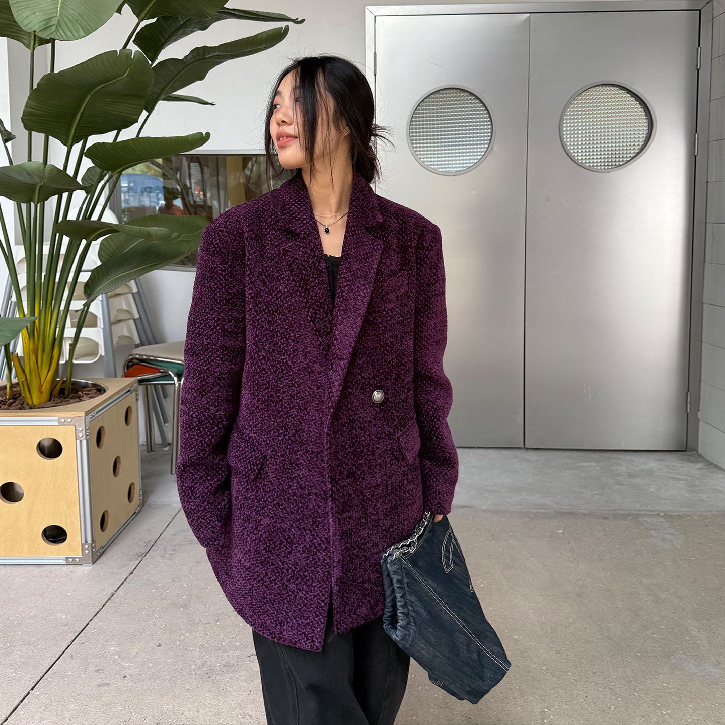 grape wang 原创设计师款小香风外套秋冬西装宽松百搭上衣女