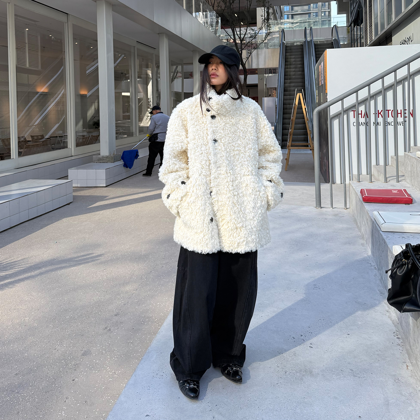 grape wang 仿羊羔毛外套女冬季加厚中长款皮毛一体毛毛外套