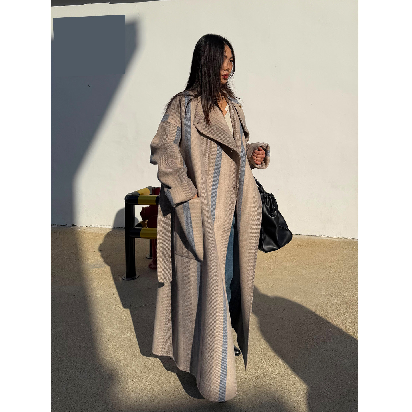 grape wang 原创羊毛双面呢大衣外套秋冬宽松显瘦长款条纹系带