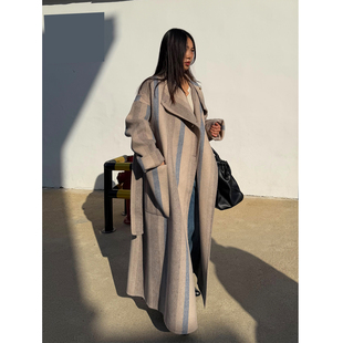 grape wang 原创羊毛双面呢大衣外套秋冬宽松显瘦长款条纹系带