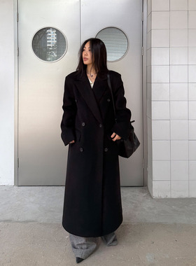 grape wang 黑色修身长款正肩毛呢西装大衣高级感双排扣呢子外套
