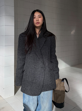 grape wang  原创设计款复古粗花毛呢西装外套宽松上衣秋冬新款