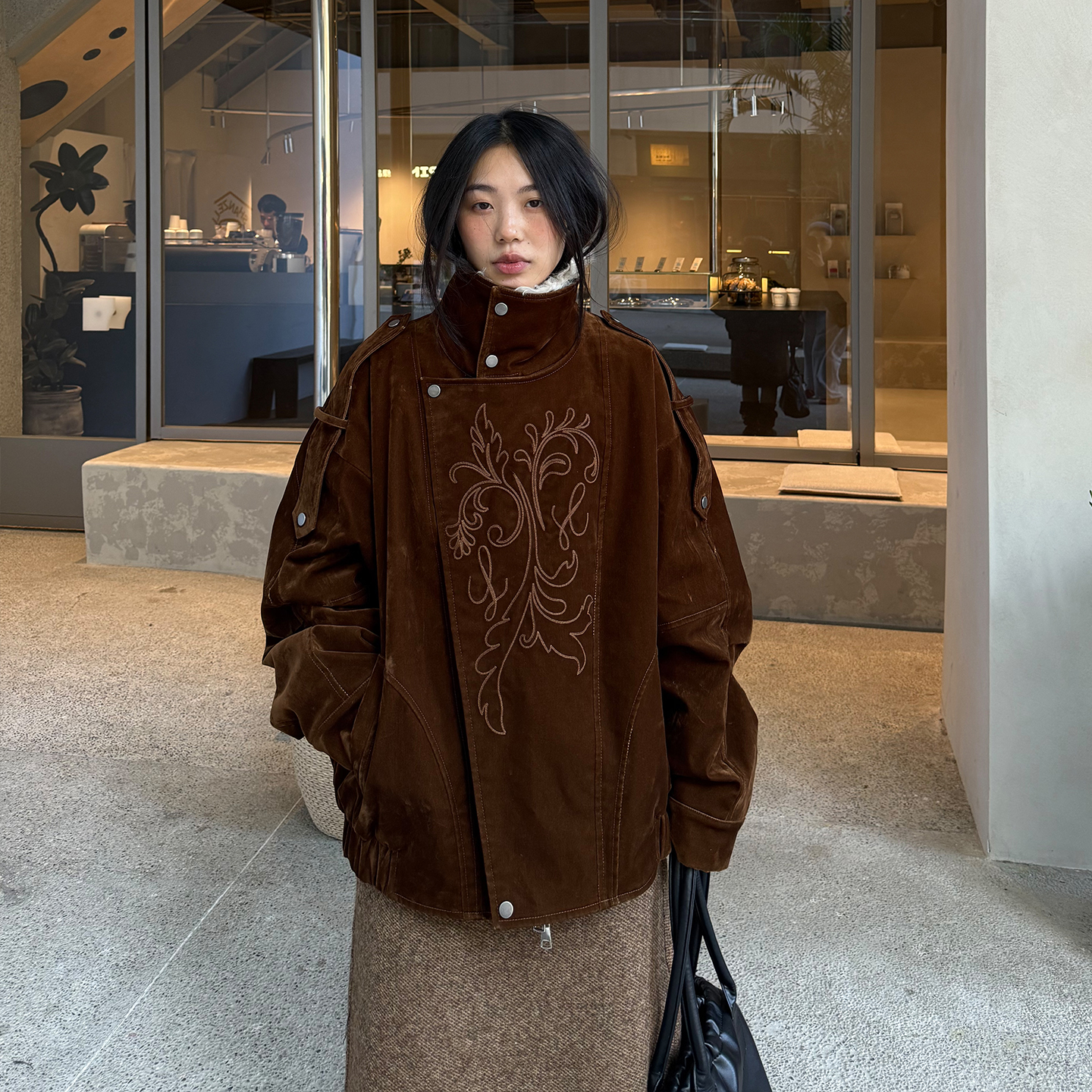 grape wang 原创设计师款刺绣夹绵夹克外套秋冬款可脱卸毛领上衣