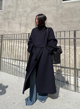 grape wang 双面羊毛大衣女中长款赫本毛呢外套秋冬系带宽松