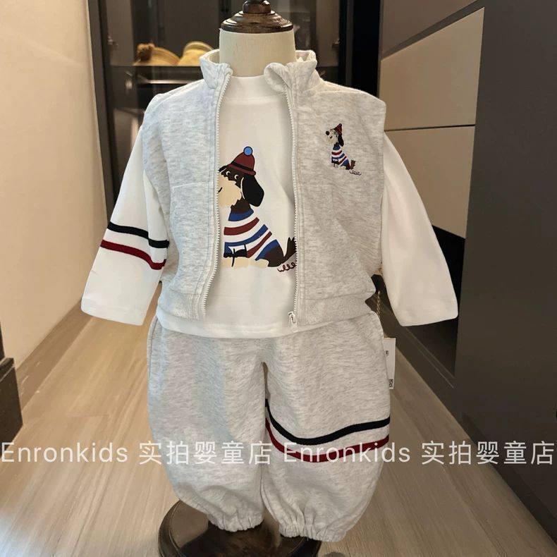 宝宝纯棉童装秋装马甲外套纯棉上衣长裤三件套男女童潮牌春款套装