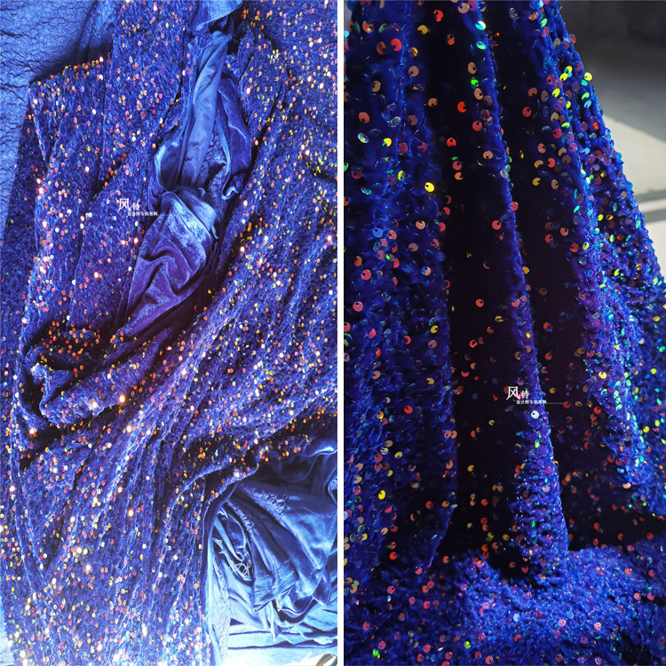 欧美蓝绮丽魅影闪片绒布 设计师演出服装饰背景布diy婚庆服装面料