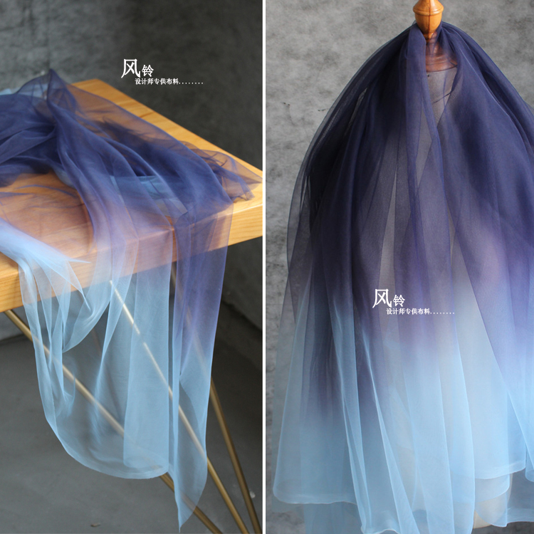 古风汉服礼服不洒金昨夜星辰渐变柔软透视网纱连衣裙设计师面料
