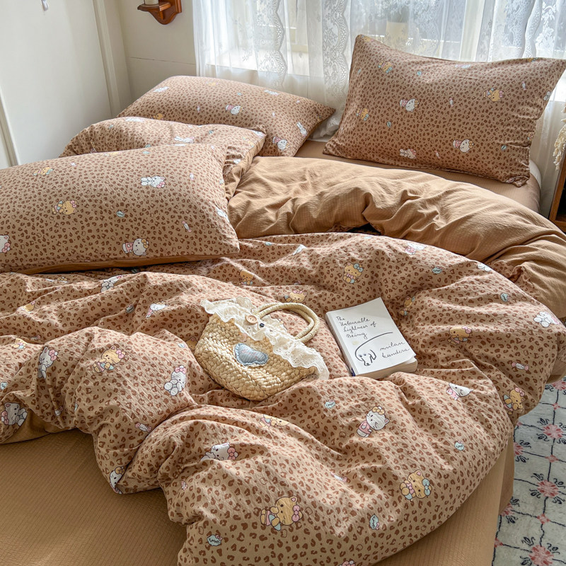 卡通豹纹HelloKitty猫可爱纯棉全棉四件套被套床单学生宿舍三件套