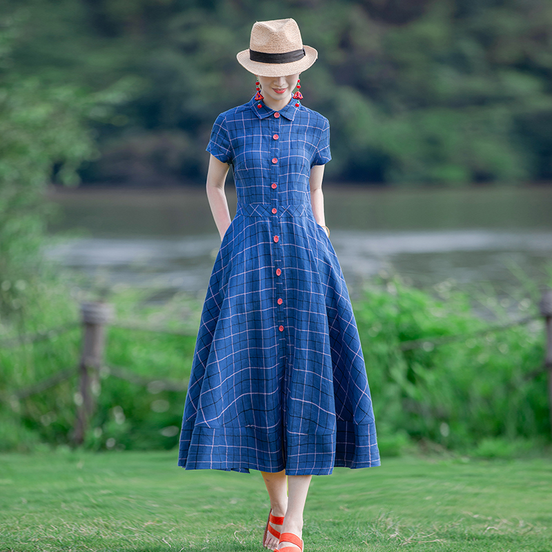 莹如衣语民族风亚麻色织格子连衣裙夏款原创小众女装气质外套长裙
