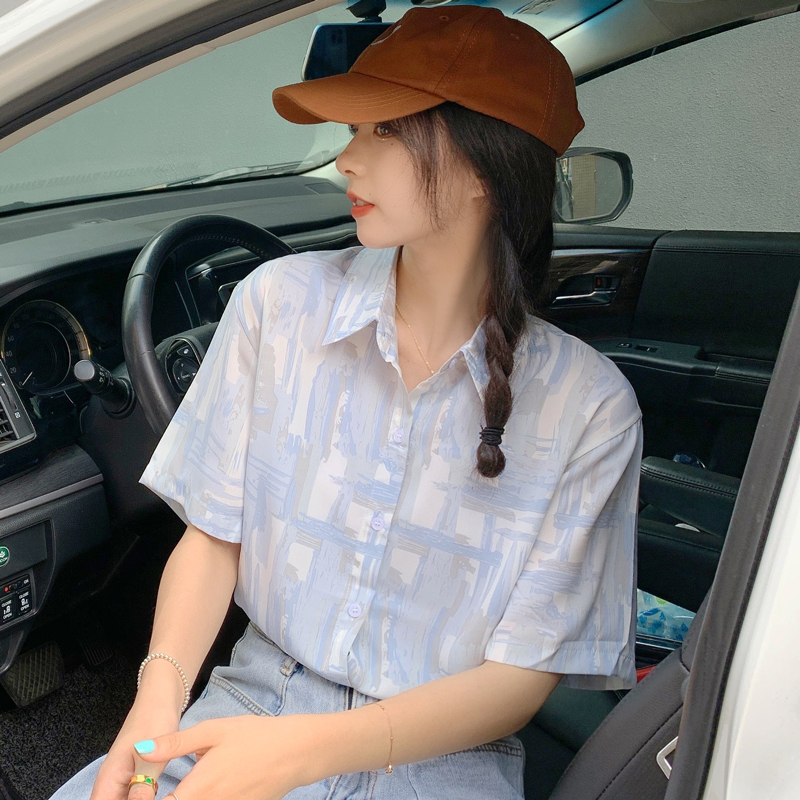 Real price short sleeve shirt summer design small thin high-grade V-neck top Floral Shirt