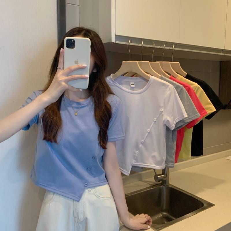 High waist T-shirt women's 2021 summer new Korean tight fit with versatile short sleeve bottom slim top