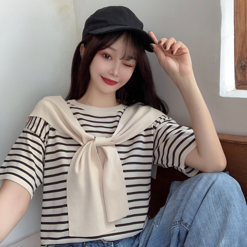 Real price: Retro striped short sleeve knitted women's 2021