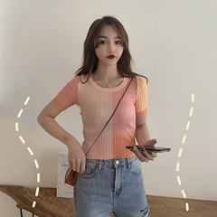 Real price new slim fit short color contrast T-shirt with high waist and thin exposed navel knitted short sleeve girl