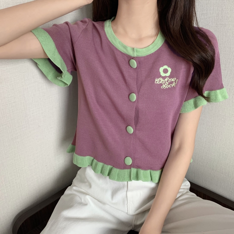 Korean summer new embroidered purple short sleeve knitted cardigan top