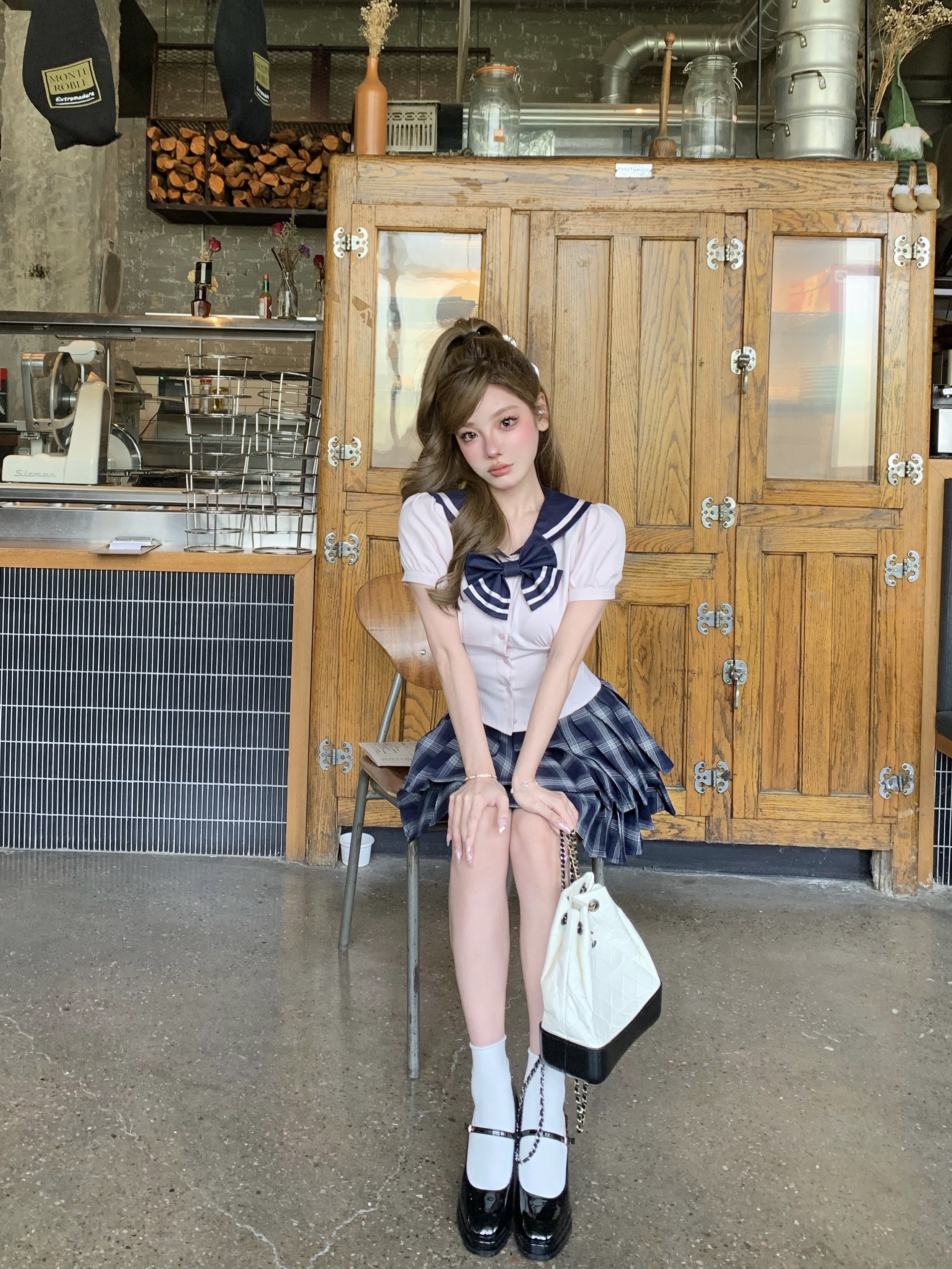 chic me博奈顿女校 海军翻领衬衣女夏季格纹百褶半身裙两件套套装