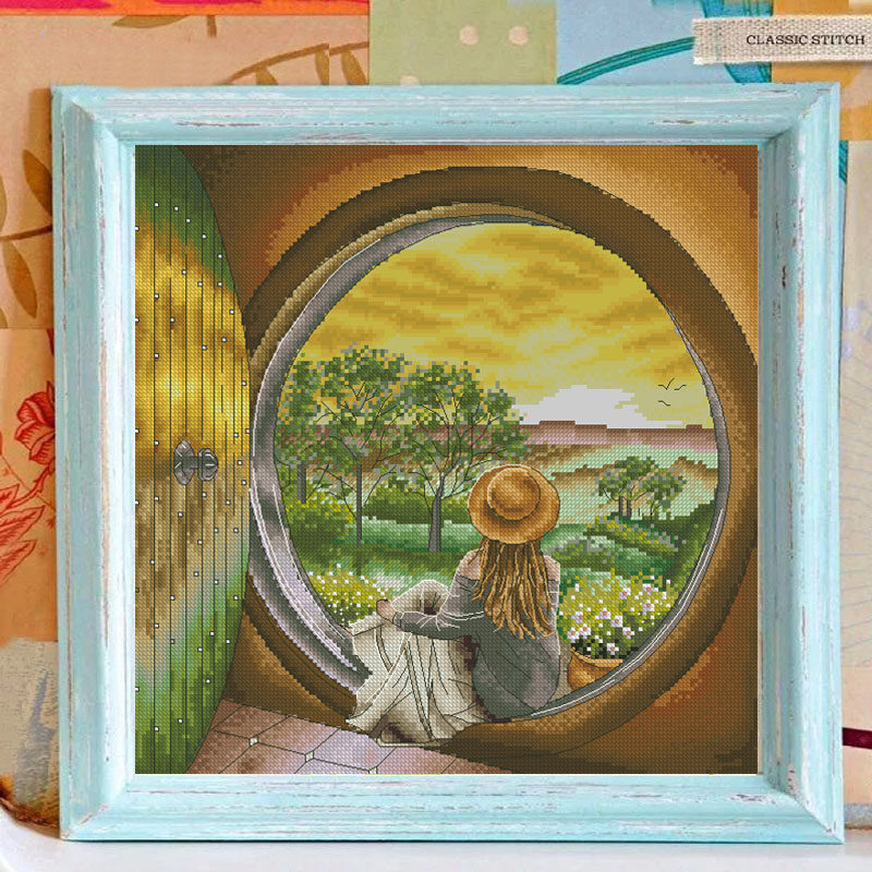 背影女孩系列-眺望远方 小白十字绣套件 新款 客厅卧室 精准印花