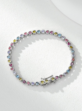 跨境嘻哈单排网球链S925纯银爱心彩虹锆石手链时尚高级感男女手饰