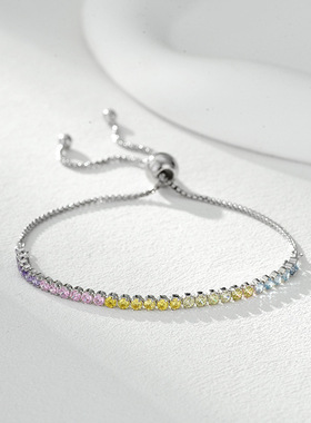 跨境单排满钻伸缩手链女可调节S925纯银轻奢高级微镶锆石彩虹手环