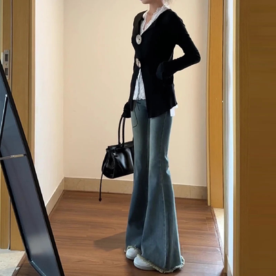 港味复古微喇叭牛仔裤女