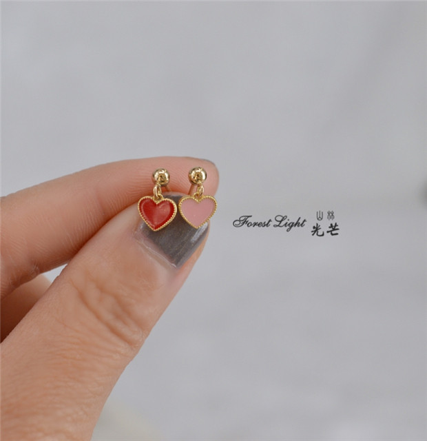 AB Sweetheart Sterling Silver Ear line Asymmetry Red Pink Heart Cover with gold leaf Earrings Ear clip Hillwood Radiancein the Accessories/Fashion Jewelry, Earring , Earrings  category - from Buy2taobao.com to provide professional Taobao agent buy service