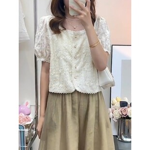 胖mm法式 爆款 刺绣方领衬衫 女2026夏新款 显瘦遮肉气质上衣 短袖 大码