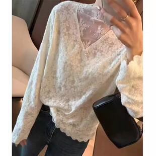 时尚 蕾丝长袖 韩版 女2026早春新款 ins镂空气质百搭叠穿上衣 打底衫