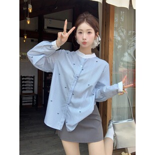 韩系设计感气质圆领衬衣 女夏季 PPHOME蓝白条纹蝴蝶结印花长袖 衬衫