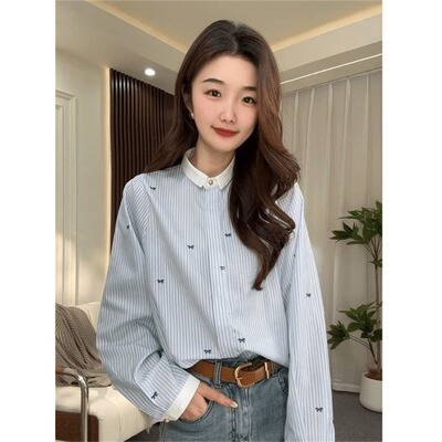 韩版条纹撞色蝴蝶结衬衫女春新