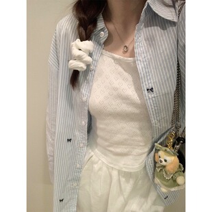 衬衣外套 女春夏宽松防晒长袖 MISSMARM蓝白条纹蝴蝶结印花长袖 衬衫