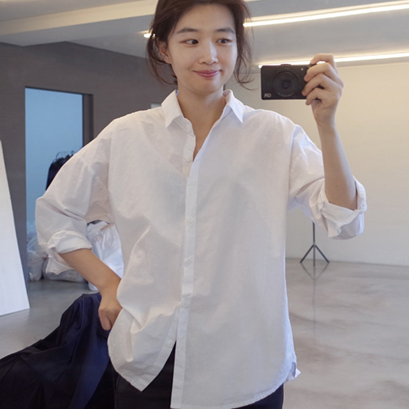 春秋新款白色长袖衬衫女宽松显瘦职业打底衬衣时尚洋气叠穿上衣潮_虎窝淘
