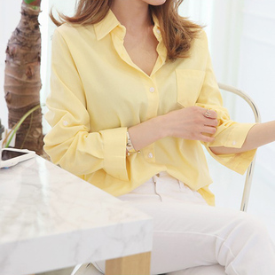 春夏新款全棉长袖衬衫女韩范柠檬黄衬衣上衣打底衫休闲时尚洋气潮